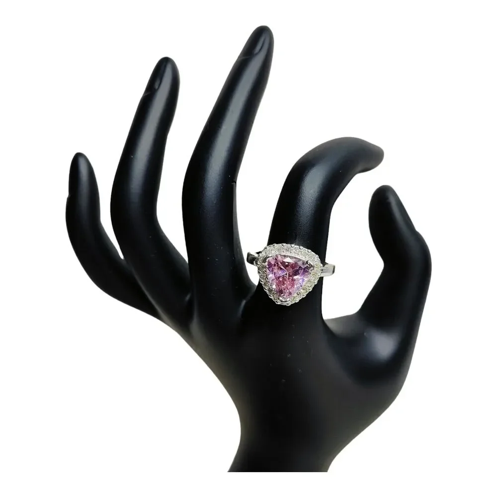 Silver Tone Ring Sz 8 Triangle Cushion‎ Cut CZ Pink Stone Clear CZ Halo Jewelry